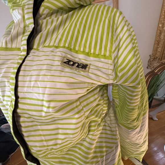 Zonal Clothing Green and White Striped Hooded Ski Snowboard Jacket Womens M - Picture 7 of 8